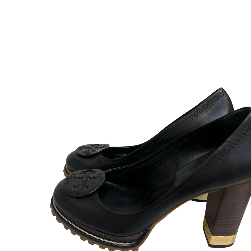 Tory Burch 7.5 Black Leather Logo Block Heel Pumps With Gold Trim